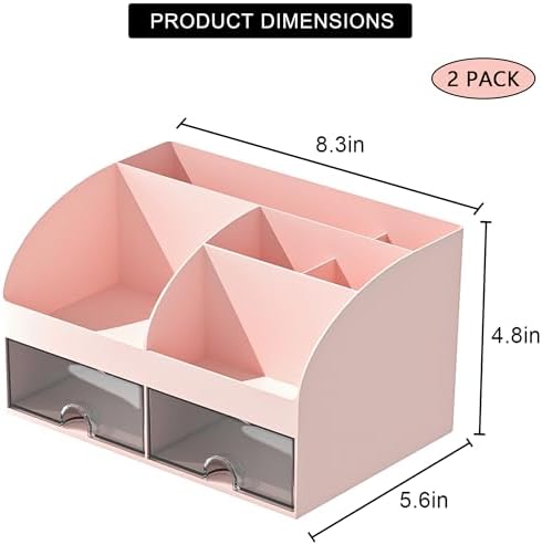COMFYROOM Desk Organizer with 6 Compartments and 2 Drawers, Plastic Makeup Organizer, Pen Holder for Desktop Storage, Desk Organization for School, Home, Office Supplies Pink-2Pack