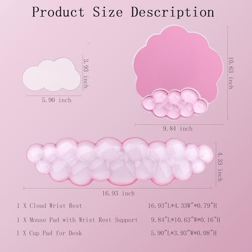 Gel Cloud Wrist Rest Keyboard Clear Pink Mouse Pad with Wrist Rest Set 3PCS Ergonomic Cool Keyboard Wrist Pad Cute Acrylic Coaster Non-Slip Base Cute Transparent Mouse Wrist Pad Support for Computer