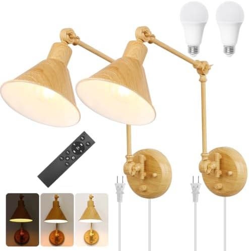 TRLIFE Dimmable Wall Sconce, Remote Control Plug in Wall Sconce Dimming 10%-100% and Adjustable Color Temperature 2700K-6000K, Swing Arm Wall Lights with Plug in Cord, UL Listed(2 Pack, Oak Color)