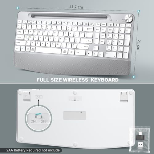 JOYACCESS Ergonomic Wireless Keyboard, 2.4GHz Cordless USB Full-Size Keyboard with Wrist Rest, Quiet Design & Numeric Keypad, Phone Holder for Desktop, Laptop, PC, Mac, Windows -Silver White