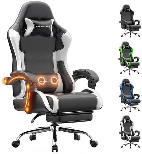Dowinx Gaming Chair Ergonomic, Massage Lumbar Support, Footrest, Adjustable Height & Headrest Pillow, Heavy Duty 330lbs Office Chair, Comfortable for Back Pain Relief Long Gaming Streaming Black White