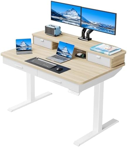 HUANUO 48 x 30 inch Electric Standing Desk with 2 Wood Drawers, Adjustable Height Sit Stand Desk for Home Office, Ergonomic Stand up Desk with 4 Memory Presets, 176 lbs Capacity, Natural Top