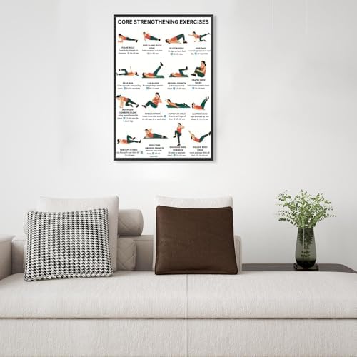 Core Strengthening Workout Poster, 16 Illustrated Abdominal Training Chart with Timing & Rep Guides, Bodyweight Abs & Obliques Exercise Reference for Home Gym Beginner Core Stability Fitness Routine(12x18inchs，Wrapped Framed)
