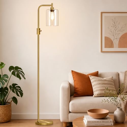 【Upgraded】 Dimmable Floor Lamp for Living Room with Clear Glass Lampshade, Brass Modern Glass Floor Lamp with 900LM LED Bulb Included, Arc Standing Tall Lamp for Bedroom, Office, Reading Room, Corner