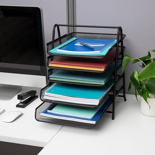 Mind Reader 5-Tier Paper Tray Organizer, Vertical Desktop File Storage Rack, Office, Metal Mesh, Black (Pack of 6)