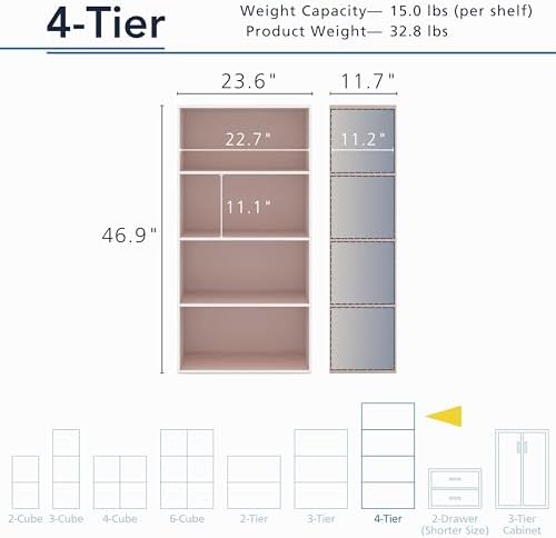 Homes: Inside + Out Apexa 4-Tier Cube Storage Organizer Shelves, Stackable Wood Bookcase Fits Cubby Bins for Organization, Dorm Teen Room Decor & Home Office, Light Pink