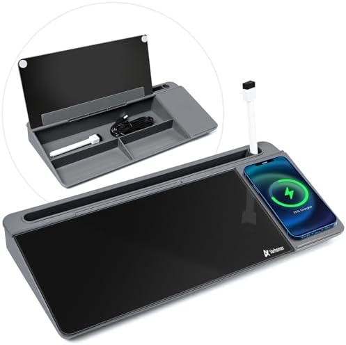 Varhomax Glass Desk Whiteboard with Wireless Charger, Desktop Organizer