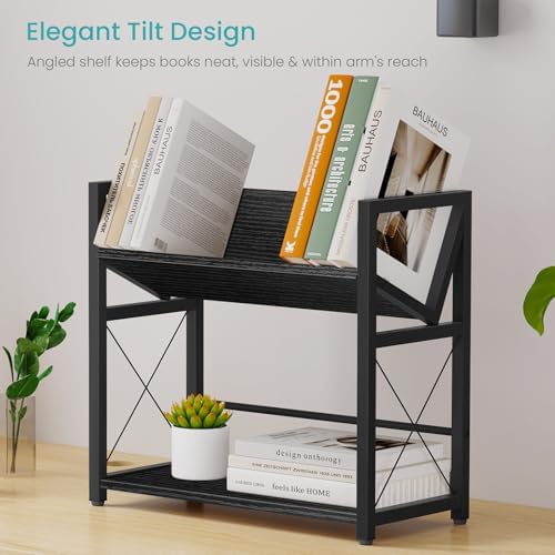 ELITEROO Desktop Bookshelf, 2 Tier Desk Book Organizer Shelf, Wood Tabletop Bookshelf Storage, Small Desk Top Bookcase for Office, Home, or Study, Mini Table Book Rack for Display, Black