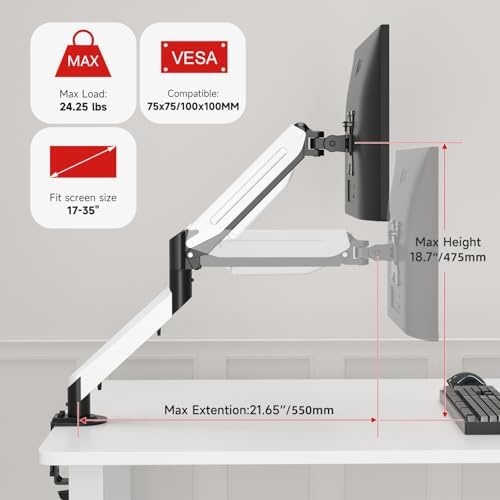 Suptek Monitor Mount Gas Spring Monitor Arm Desk Mount Fully Adjustable Fits 17 20 22 23 24 26 27 32 35 inch Monitors Weight Capacity up to 24.25 lbs (Black+White, 17"-35")