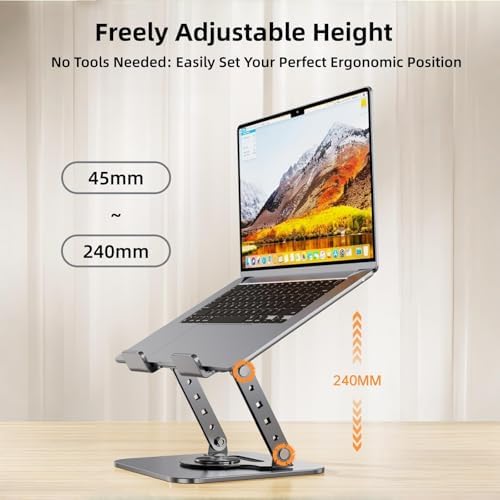 Laptop Stand for Desk, 360° Rotating Adjustable Metal Foldable Laptop Riser with Minimalist Vent Pattern, Ergonomic Computer Notebook Holder for MacBook, Dell, HP 10-17.3", Gray