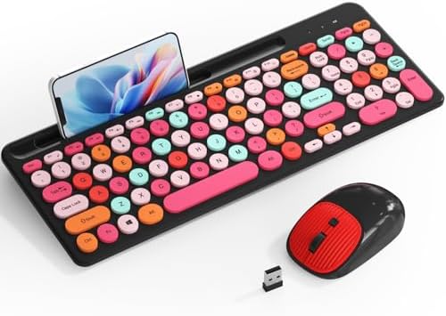 Retro Typewriter Wireless Keyboard with Round Keycaps, 2.4GHz Compact USB Cute Wireless Keyboard and Mouse Combo for Desktop, Laptop and Computer