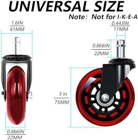 3" Office Chair Wheels for Casters Replacement Set of 5 - Office Caster Wheels for Carpet,Computer Chair Wheels,Smooth & Mute for Hardwood Floors and Mats. (Red Transparent)