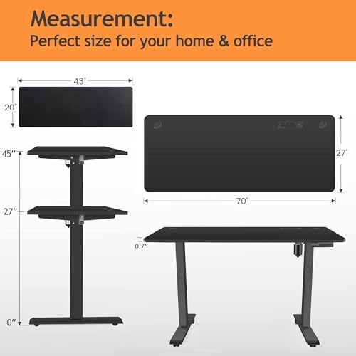 70.8'' x 27'' Electric Standing Desk Adjustable Height with Charging Station, Wheels, 2 USB Ports, 3 Power Outlets, 27''-46'' Lifting Range Stand up Desk for Home Office(Black)