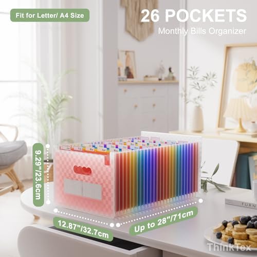 ThinkTex Accordion File Organizer, 26 Pockets Expanding File Folders, Pink