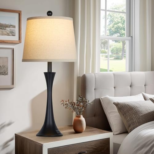 Rinweey 27.5" Table Lamps Set of 2, Touch Bedside Lamps with USB C+A Ports, 3 Way Dimmable Nightstand Lamps for Bedroom, Living Room, Office, Black Lamp with Beige Lampshade, Bulbs Included