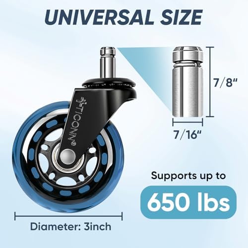 TICONN Office Chair Wheels, 3" Caster Wheels for Tile Carpets, Set of 5