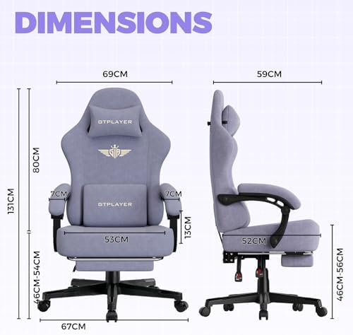 GTPLAYER Big and Tall Gaming Chair Fabric with Pocket Spring Cushion, High Back Ergonomic Computer Chair with Footrest for Adults Lumbar Support Swivel Game Chair for Office 350LBS, Macaron Purple