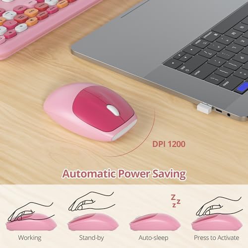 Surmen Cute Colorful Pink Keyboard and Mouse Wireless Silent, Full-Size Retro Typewriter Wireless Quiet Office Keyboard Low-Noise 2.4GHz for Computer, Desktop, Laptop(6-Colorful Pink)