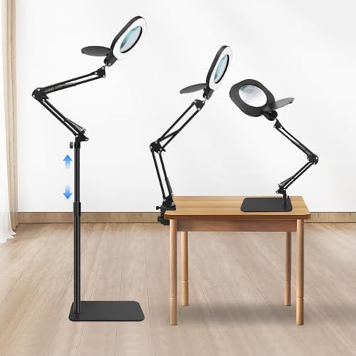 Magnifying Glass with Light and Stand,15x 3in1 Magnifying Lamp, 5 Color Stepless Dimmable,80 Led Desk&Floor Lamp with Lighted Magnifying Glass,Hands Free Magnifying Glasses for Close Work
