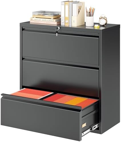 Superday Lateral File Cabinet 3 Drawer Metal File Cabinet with Lock, Black Filing Cabinets for Home Office, Locking Filing Cabinets Hanging Files Letter/Legal/F4/A4
