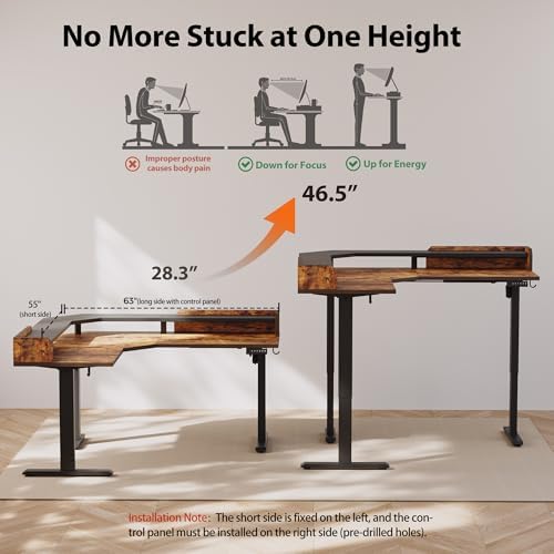 Agilestic 63 Inch L Shaped Electric Standing Desk with Shelf, Rustic Brown