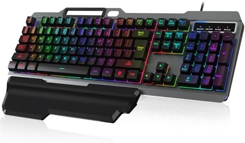 cimetech Wired Gaming Keyboard, Rainbow LED Backlit Anti-ghosting Computer Keyboard with Wrist Rest, Spill-Resistant Design, Multimedia Keys, Quiet Ergonomic Keyboard for Windows Laptop PC Mac