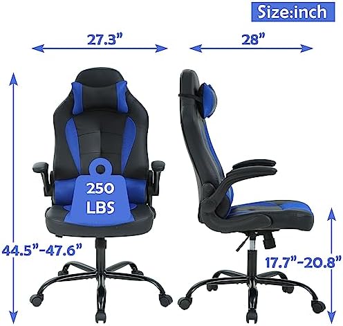 High Back PU Leather Office & Gaming Chair - Comfortable, Big & Tall, Height Adjustable, Heavy Duty Racing Chair with Headrest & Lumbar Support (Blue)