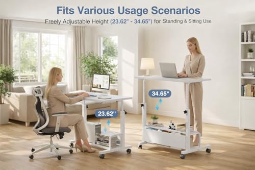 Simple Deluxe 31.5" Manual Standing Desk, Height Adjustable Mobile Computer Desk with Lockable Wheels & 2-Tier Storage, Rolling Laptop Table for Small Spaces & Home Office, White