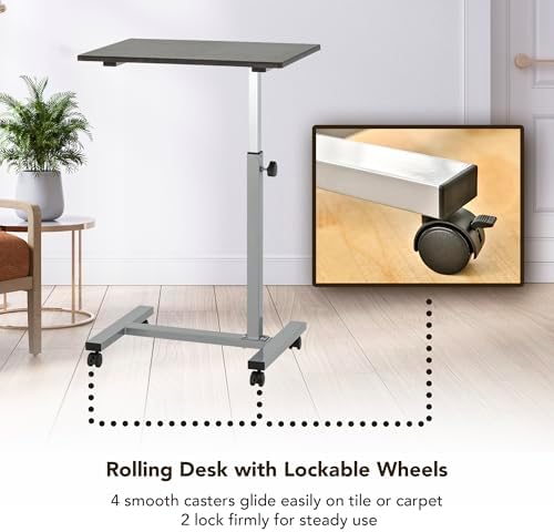 Displays By Jack Adjustable Height Rolling Laptop Desk, Silver Mobile Sit Stand Computer Table on Wheels – 24 x 15 in Portable Workstation for Home Office, Study Room, Classroom