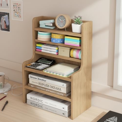 Tangkula 6-Tier Desktop File Organizer, Wooden Mail Letter Tray Organizer with 2 Removable Shelves for Papers, Folders & Office Supplies, Space-Saving Desktop File Holder for Small Spaces Home Office