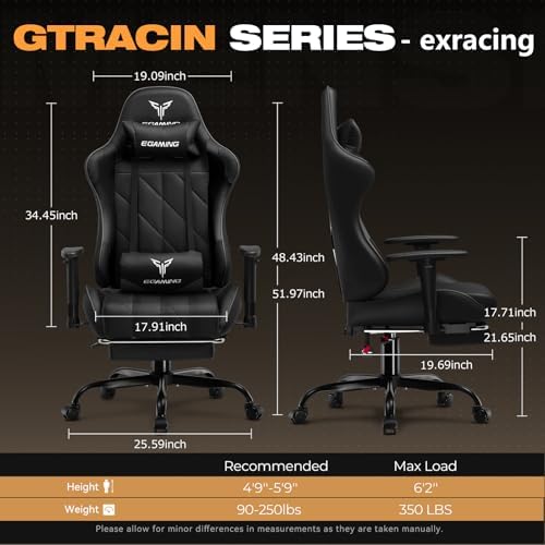Gaming Chair with Footrest, Ergonomic High-Back PU Leather Computer Chair with 3D Adjustable Armrests, Headrest and Lumbar Support, Office Desk Chair with Diamond Stitching for Adults & Teen