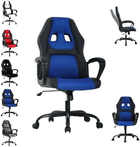 PC Gaming Chair Ergonomic Computer Chair High-Back Video Game Chiar with Lumbar Support Adjustable Swivel PU Leather Office Desk Chair Blue