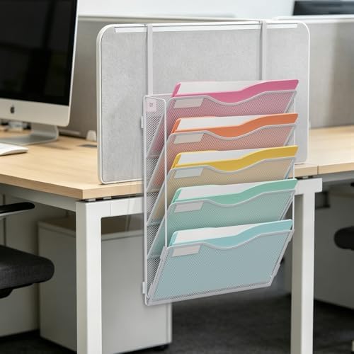 BOHDK Wall File Organizer, Hanging File Folder Organizer, Vertical Mesh Metal Door/Wall Mount Hanging File Holder. Paper Document Magazine Rack with Hooks for Home Office Black (5 Pockets White)