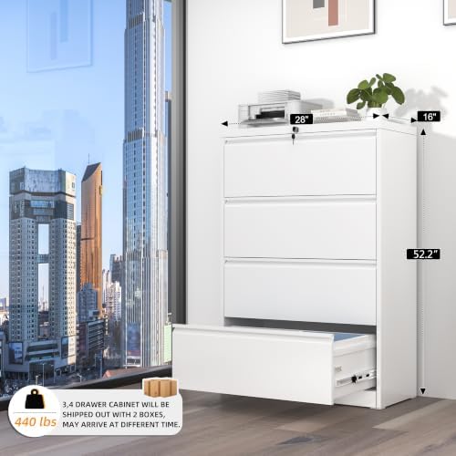 INTERGREAT 4 Drawer File Cabinet, White Lateral File Cabinet with Lock, 28" W Metal Office Filing Cabinet with Adjustable Frame for Legal, Letter, A4 Files