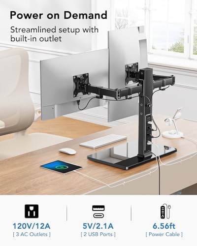 HUANUO Dual Monitor Mount with Power Outlet, Computer Monitor Stand with Sturdy Glass Base, Full Motion Dual Monitor Stand with Adjustable Height, Supports 13″-32″ Displays up to 22 lbs, Easy Setup