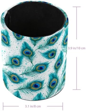 Leather Pen Holder for Desk, Peacock Feather Pencil Cup Pen Organizer Makeup Brush Holder for Office Home Kids Countertop Desk Accessory Storage
