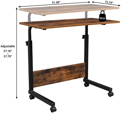 TV Tray Bed Side Table, Portable Rolling Desk Hospital Bed Laptop Table, Small Standing Desk with Wheels Adjustable Height for Sofa, Bedside, Tablet Use, Secure Non Tilt, 31.5" W, Brown