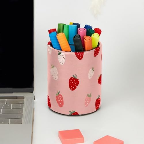 Leather Pen Holder for Desk, Cute Strawberries Print Pencil Cup Pen Organizer Makeup Brush Holder for Office Home Kids Countertop Desk Accessory Storage