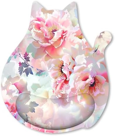 Ergonomic Mouse Pad with Wrist Rest, Cute Cat Memory Foam Padded Pain Relief Non-Slip Wrist Support Mouse Mat for Gaming Work Computer Laptop, Funny Office Supplies Desk Accessory, Pink Flower