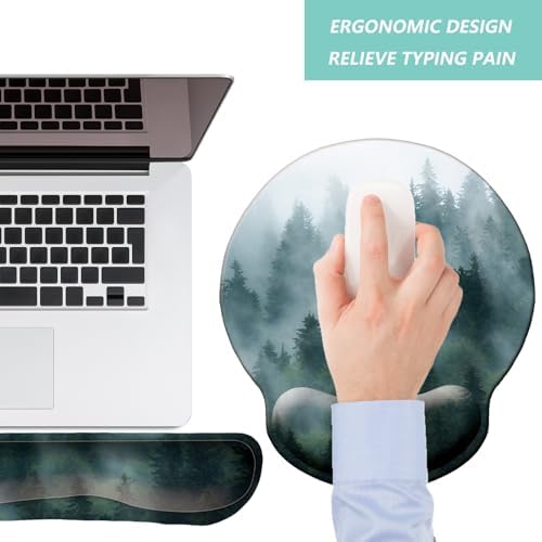 Keyboard Wrist Rest Pad Mouse Pad with Wrist Support Set of 3, Mousepad with Non-Slip Rubber Base, Ergonomic Memory Foam Mouse Wrist Cushion Support for Home Office Laptop Computer Gaming, Forest