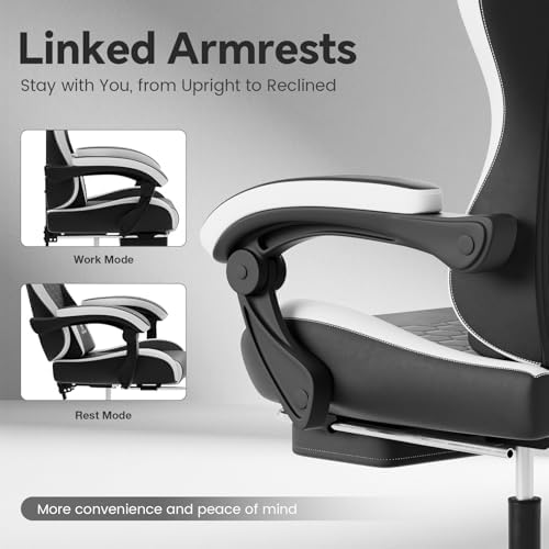 Gaming Chair, Computer Office Chair with Footrest, Adjustable Height & Backrest Gaming Chairs with Swivel for Adults, High Back PU Leather Ergonomic Chair with Lumbar Support, Blackwhite
