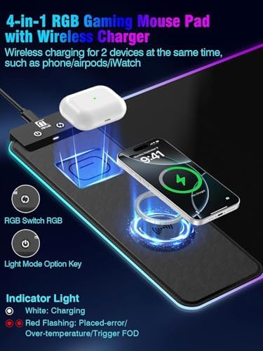 Mouse Pad with Magnetic Wireless Charging, Large Desk Pad Protector, RGB Black Desk Mat with 15W Fast Charger, Non-Slip Waterproof Mousepad for Office Home Gaming