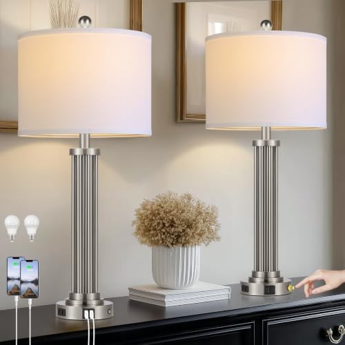 28" Tall Modern Table Lamps Set of 2 with USB C+A Ports and AC Outlet, 3 Way Touch Metal Bedside Lamps for Bedroom, Silver Nightstand Lamps for Living Room