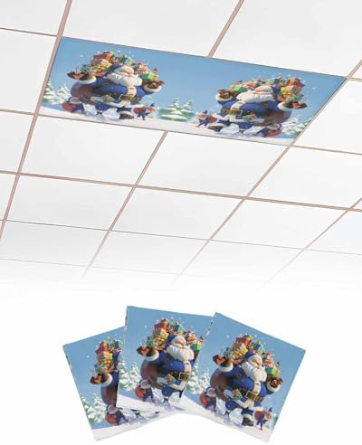 Blue Santa Claus Magnetic Fluorescent Light Covers for Ceiling Lights 2 x 4 Feet,Christmas Tree Forest Snowy Xmas Tree Office Classroom Kitchen Drop Ceiling Light Covers Filters Shade Panel 3 Packs