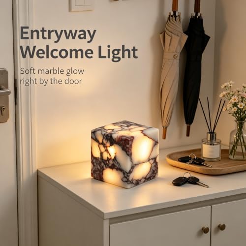 Natural Marble Lamp Cordless Pat Control Night Light Rechargeable Small Marble Table Lamp, Dimming Warm Glow Portable Stone Touch Lamp for Bedroom, Living Room, Decor Gift (Cube-Calacatta Purple)