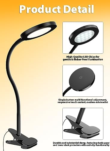 Black Clip On Reading Light, 450LM Book Light, CRI95, 3 Modes Stepless Dim