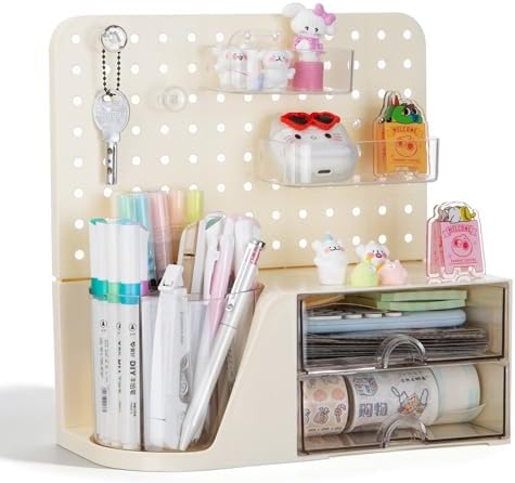 Comix Desk Organizer with 2 Drawer, Beige 360° Rotating Pen Holder for Desk