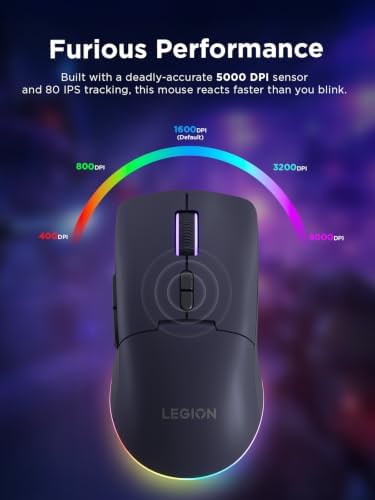 Lenovo Legion M220 Wireless RGB Gaming Mouse, Tri-Mode (Bluetooth, 2.4GHz & Wired), 5000 DPI Optical Sensor, 2-Zone RGB Lighting, 100Hr Battery, 7 Buttons, USB-C Rechargeable, Nebula Purple
