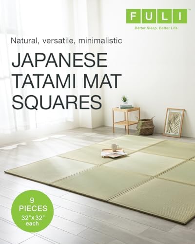 FULI Japanese Square Tatami Mat, 32x32x0.6 in, Natural, 9 Pieces, Igusa