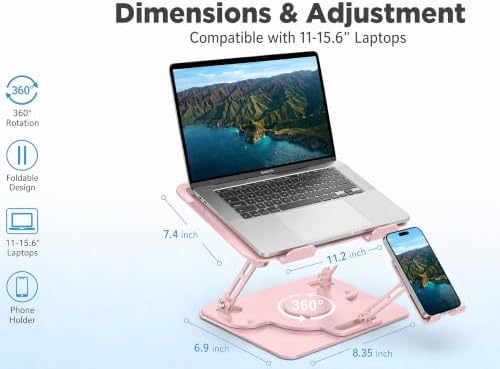 Laptop Stand for Desk,Adjustable Computer Stand with 360° Rotating Base,2-in-1 Laptop Stands with Phone Holder,Ergonomic Laptop Riser for Collaborative Work,fits for All 10-16" Laptops (Pink)